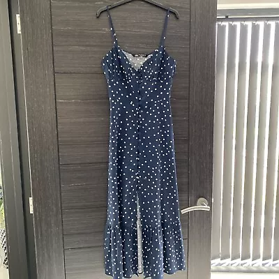 Zara Navy Polka Dot Linen Dress Size Xs • £10
