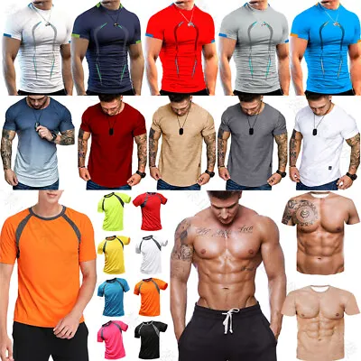Mens T Shirt Gym Clothing Bodybuilding Training Workout Exercise Top Blouse Tee • £8.57