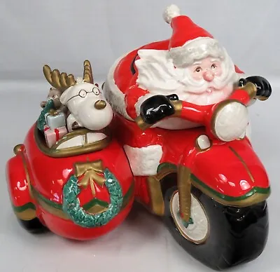 Fitz & Floyd Cookie Jar Santa Claus On Motorcycle W/Reindeer In Sidecar Vintage • $124.99