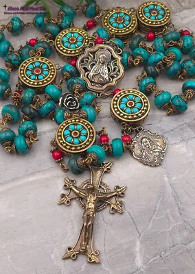 Lourdes Jesus St Therese Turquoise Coral Vintage Bronze Rosary • £182.41