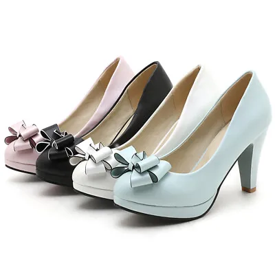 Women Platform Big Bow Slip On Pointed Toe Chunky High Heel Dress Pumps Shoes • $45.99