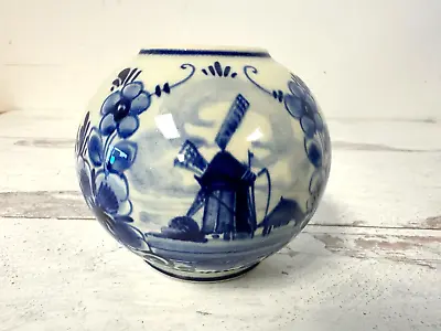 Vintage Royal Delft Holland Hand Painted Round Ceramic Vase With Windmill #258 • $20