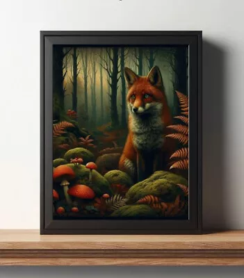 Red Fox In Dark Forest Red Mushrooms Fern Moss Trees Nature Vintage Art Print • $7.99