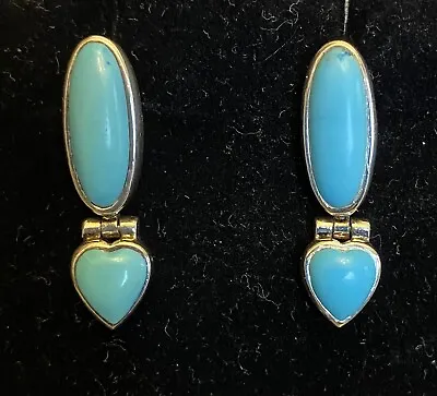 $24.95 • Buy Southwest Sterling Silver Turquoise Earrings Heart Hinged Drop Signed PB 925