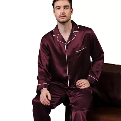 Mens Silk Satin Pajamas - PJ Set Top And Bottom - Burgundy White Piping • $19.50