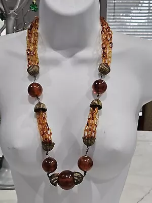 Vintage Signed Miriam Haskell Amber Chain Celluloid Necklace Multi Strand  • $89.99