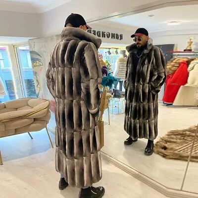 Mens Full Length Chinchilla Coats Fashion Winter Natural Rex Rabbit Fur Overcoat • $880