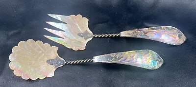 Antique Mother Of Pearl Silver  Abalone Decorative Serving Spoon & Fork Set 9.5 • $160