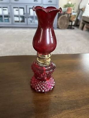 229) Miniature Burgundy Glass Diamond Design Oil Lamp With Burgundy Globe • $15