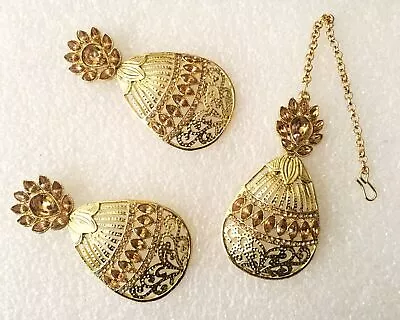 New Bridal Maang Tikka Earrings Set Pearl Kundan Gold Tone Indian Jewelry T-17 • $23.64