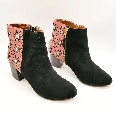Miss Albright Womens Pink Black  Block Heel Embellished Ankle Booties  5.5 M • $29.74