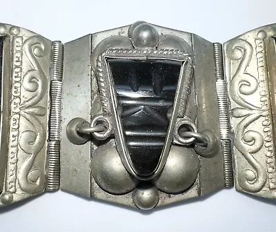 Vtg Mexico Taxco Sterling Silver Onyx Masks Aztec Mayan Bracelet Modernist Mcm • $75