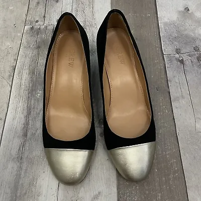 J.Crew Bryn Midblock Black Suede Heels Gold Metallic Captoe Shoes Size 7 M • $32.79
