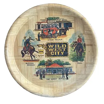 Wild West City Bamboo Tray Round Woven Souvenir Vintage Cowboys Netcong NJ • $17.99