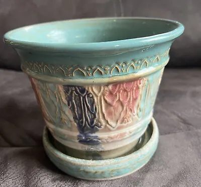 Early Hull Stamped Art Pottery Drip Glaze Majolica Planter With Attached Saucer • $75