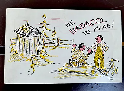 Two Drinking At Outhouse  He Hadacol To Make   Vintage Elmer Anderson 1951 • $15.88