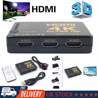 5 Port HDMI 4K Switch Switcher Selector Splitter Hub IR Remote For HDTV 1080p UK • £6.99