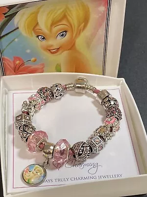 Tinker Bell Fairy Themed Pink Leather Charm Bracelet With Charms Gift Boxed • £9.95