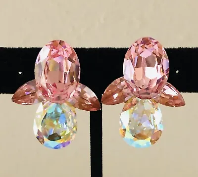 Vintage Signed WENDY GELL Pink & AB Crystal Rhinestone Big Clip Earrings • $39.99