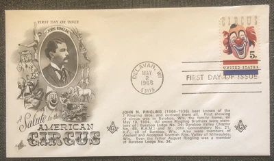 £4.99 • Buy FDC Special Stamp Cover Masons Masonic USA 1966 Salute To The American Circus