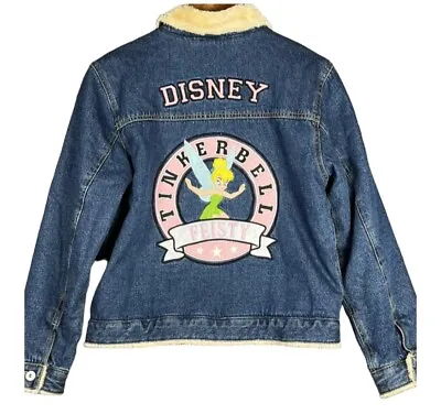 Disney Tinker Bell Sherpa Jean Jacket Women Med Denim Coat Fur Lined Embroidered • $24.99