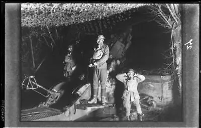 WWI Australian Gun Crew Wearing Gas Masks In A Camouflaged Positio - Old Photo • $8.50