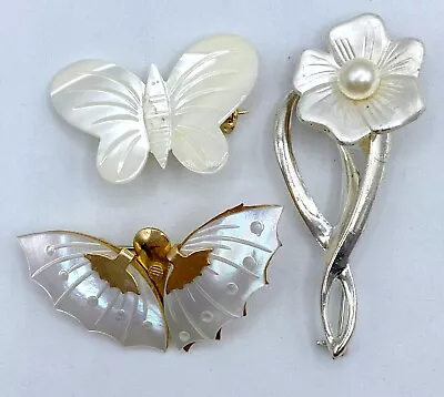 C4-984 Lot Of 3 Silver Vintage Brooch Pin Butterfly Flower Asian White Abalone • $8.99