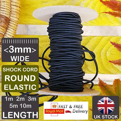 QUALITY 3mm BLACK ELASTIC Shot Cord Round SHOCK ELASTIC For Sewing Face Masks • £1.79