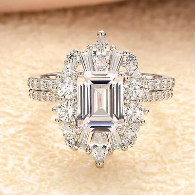 Vintage Engagement Wedding Ring Sets Sterling Silver Bridal Set Emerald Cut • $37.99