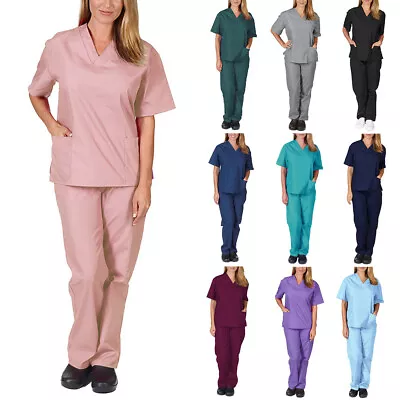 Womens Medical Scrub Doctor Uniform Top+Trousers Set Nurse Dentist Hospital Suit • £11.99