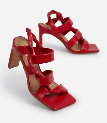 Ladies Ego Ripple Strappy Caged Square Toe Heel Sandals In Red Faux Leather Uk 5 • £19.99