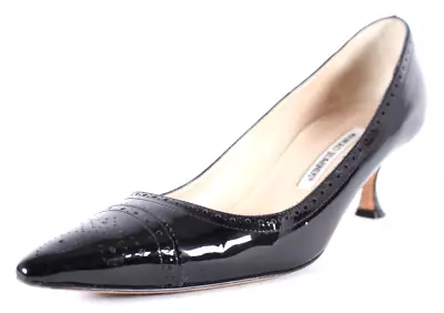MANOLO BLAHNIK Black Patent Leather Wingtip Detail Pointed Toe Heels Pumps 39 • $148