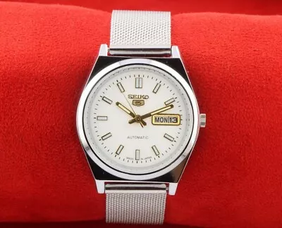 Vintage  Seiko 5 White Dial Automatic Japan Men's Working Wrist Watch 37.5mm • $65