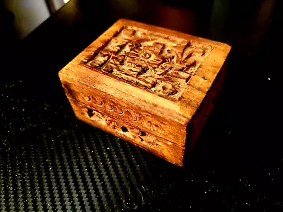 Vintage Wooden Trinket Box Hinged Lid Floral Carvings On Sides/lid • $2.50