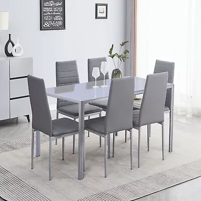 51  Gray Tempered Glass Dining Table & 6pcs Gray Faux Leather Dining Chairs Set • $285.99