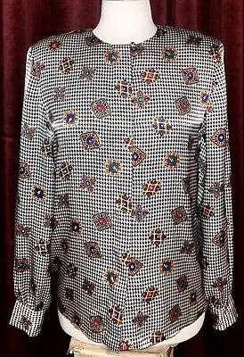 1990s Vintage Charter Club Houndstooth Blouse Top Shirt W/ Jewel Print - Size 4 • $15