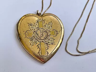LOVELY Victorian Deep Etched CROSS Large HEART Locket GOLD FILLED Necklace • $49.99