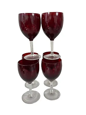 Vintage Ruby Red Clear Stem Set Of 6 Wine Stemware Glasses 6 Oz • $48.75