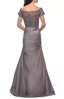 La Femme Silver Off The Shoulder Beaded Satin Trumpet Gown Dress Size 0 $488 • $129.98