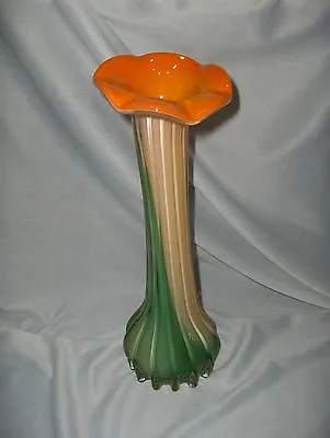 Vintage Murano Art Glass Hand Blown 3 Color Trumpet Vase 11  Italy  NICE • $65