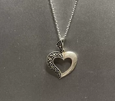 Marcasite & Sterling Open Heart Pendant Vintage Halmarked On Comp 24” Chain • $39.99