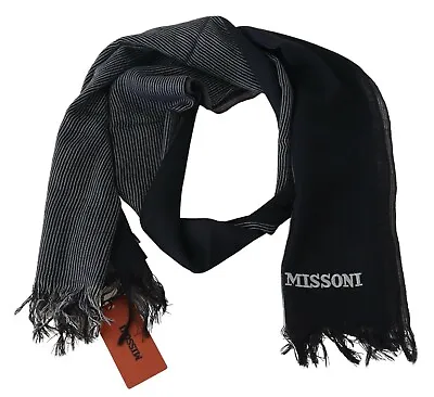 MISSONI Scarf Black Striped Wool Unisex Neck Wrap Fringes Logo 180cm X 50cm $340 • $89.50