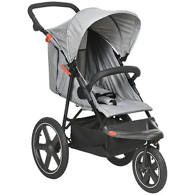 HOMCOM Foldable Three-Wheeler Baby Stroller W/ Sun Canopy Storage - Grey • £124.99