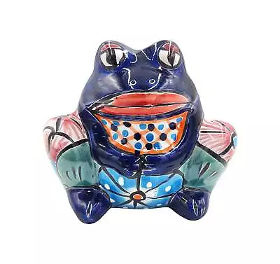 Mexican Talavera Small Squatting Frog Planter Pot Hand Painted - Dark Blue Frog • $31.49