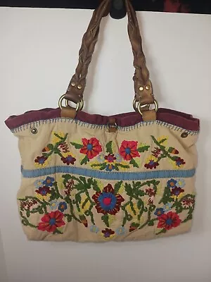 Vintage Lucky Brand Tan Canvas Hobo Hand Bag Embroidered Floral Purse Peace Love • $47.99