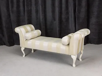 56  Settle Bench Chaise Chair Gold Stripe Fabric Queen Anne Legs + 2 Bolsters • £425