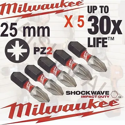 MILWAUKEE PZ2 25m 5 X Impact Driver Bits SHOCKWAVE Fit AEG RYOBI HILTI PANASONIC • £3.99