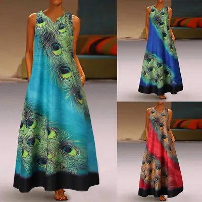 $30.02 • Buy Women Plus Size Sleeveless Peacock Print Long Maxi Dress Boho Summer Beach Dress