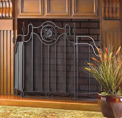 $135.83 • Buy Black IRON SCROLL Tri-folding 3 Panel Hearth Mesh Fire Triple Fireplace Screen