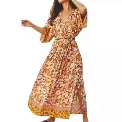 Dress Forum Large Epic Sunset Kimono Maxi Dress Beachy Slit Details Boho Pockets • $44.99